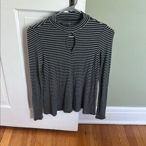 American Eagle Outfitters Black and White Ribbed Blouse with Mandarin Collar